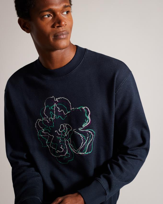 Sweatshirt Ted Baker Long Sleeve Embroidered Flower Bleu Marine Homme | UBW-44201547